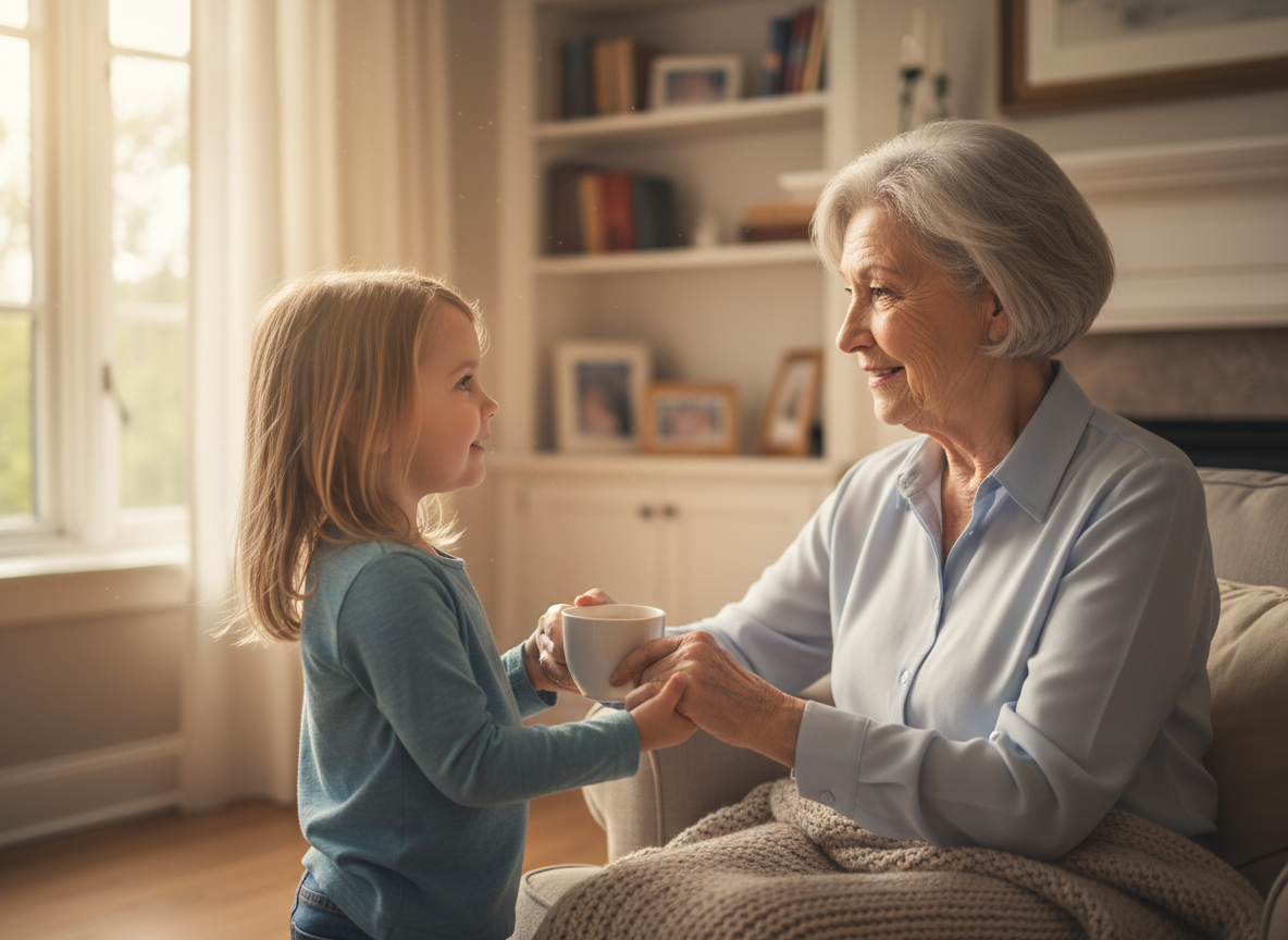 Grandchild brings coffee to Grandmother when she needs it.